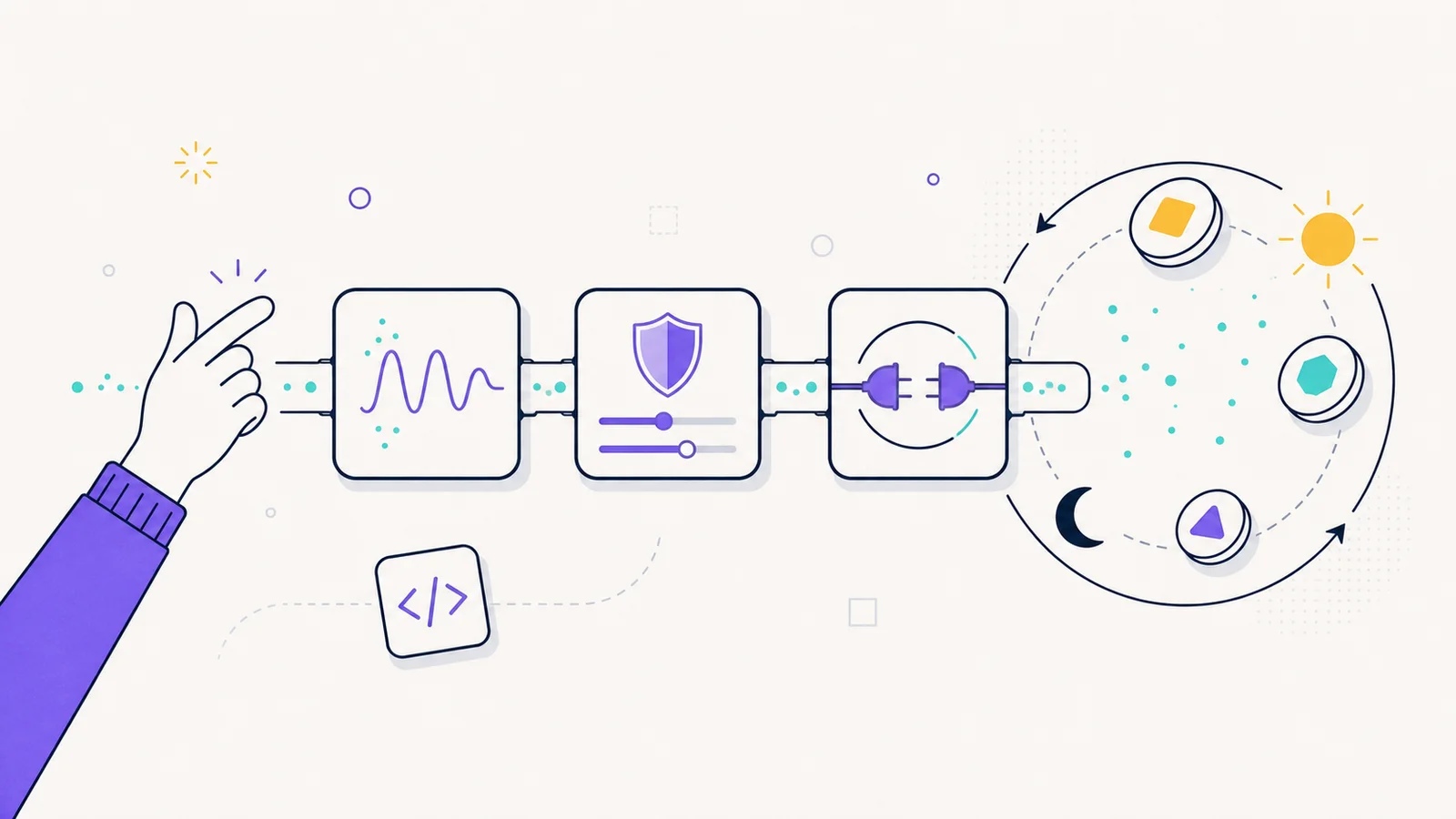 Flat vector no-code crypto trading workflow connecting strategy, risk, and exchange modules around a 24-hour trading clock