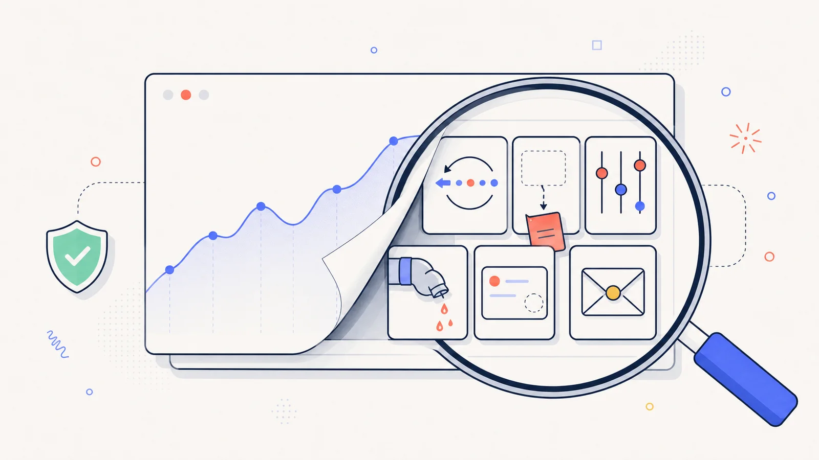 Flat vector magnifying glass revealing hidden assumptions and errors behind a smooth trading backtest curve