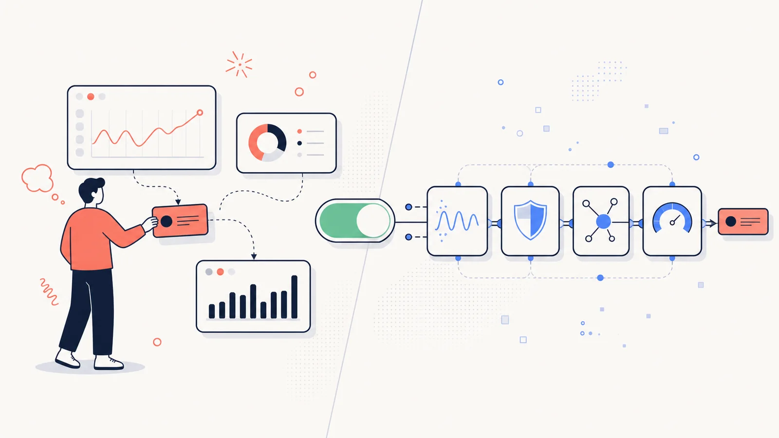 Flat vector comparison of a human trader and an automated trading system connected by a hybrid trading control